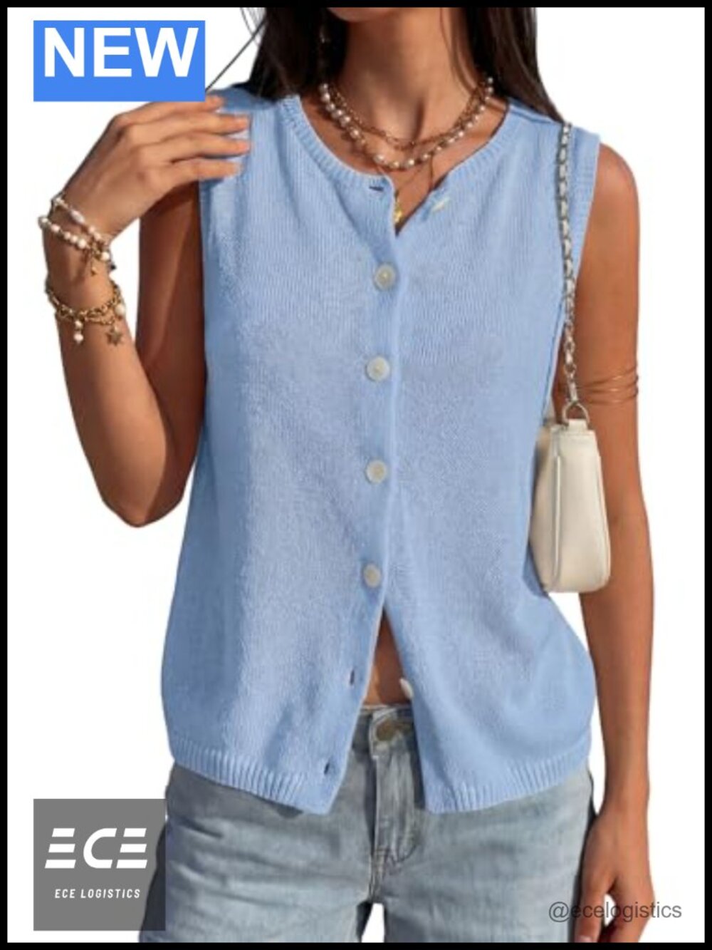 Womens Button Up Sweater Vest Crew Neck Sleeveless Cardigan Top